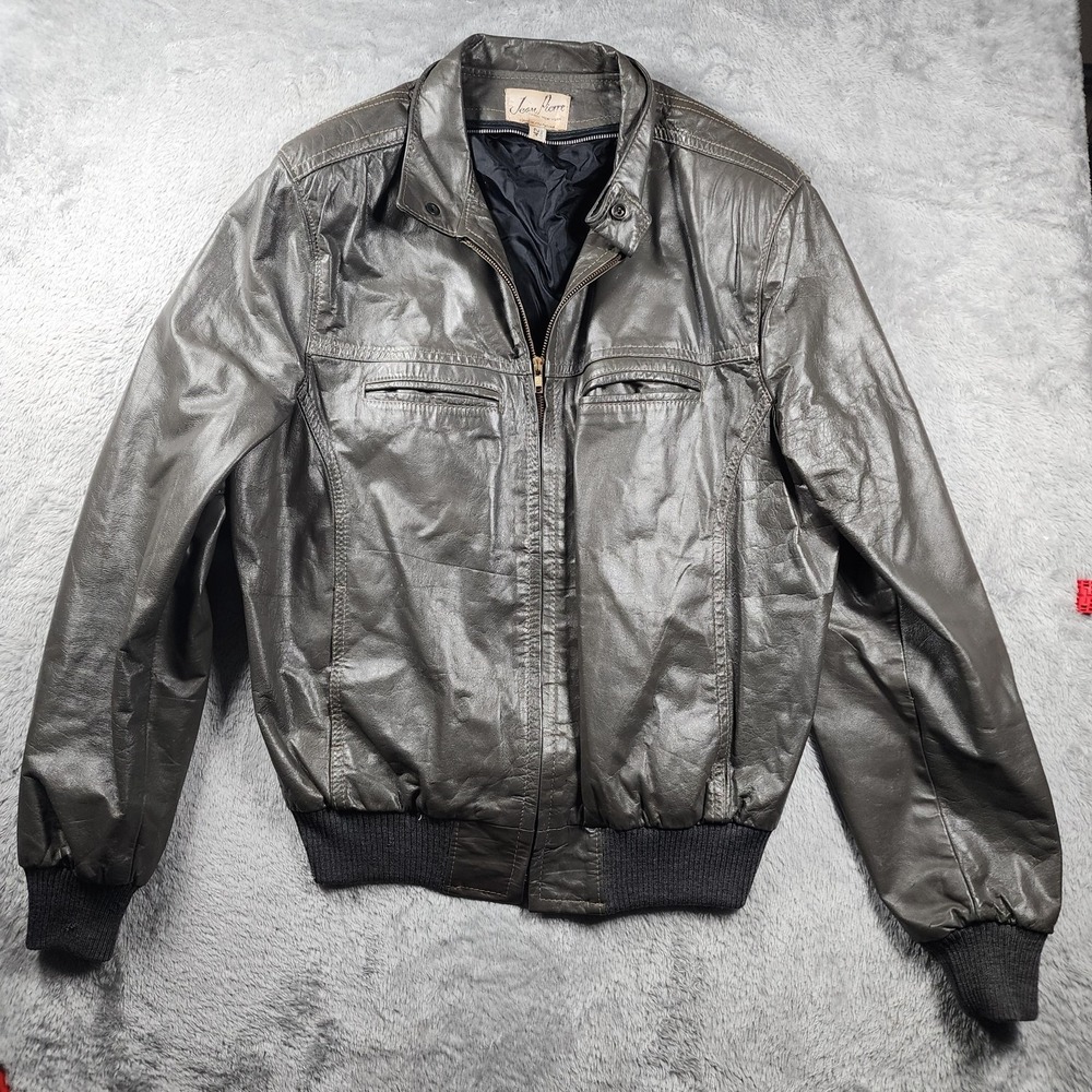 VINTAGE Jean Pierre‎ Leather Bomber Jacket Mens 42 Long Gray Made Argentina 60s